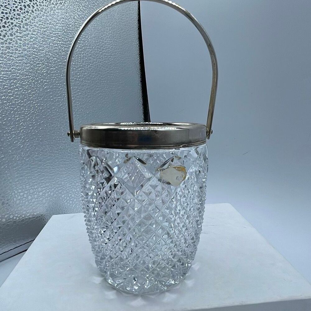 Vintage Germany Cut crystal ice bucket diamond pattern silver plated trim handle